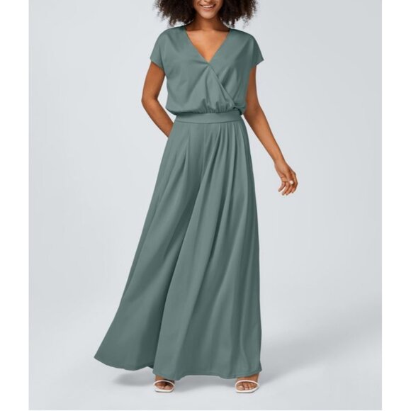 Halara V Neck Short Sleeve Side Pocket Wide Leg Waffle Casual Jumpsuit Sz XL Tal - Picture 1 of 13